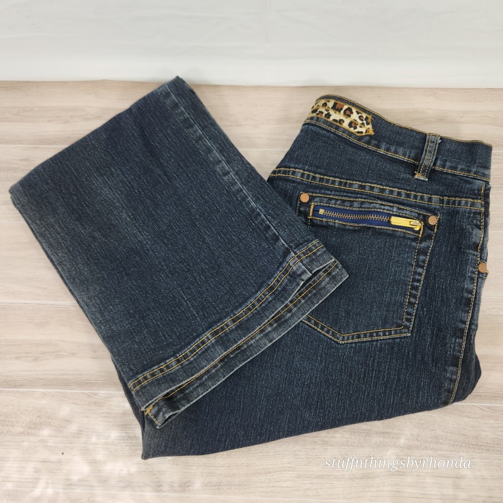 V Cristina Blue Jeans Leopard Accent & Gold Zipper Pockets Women's Sz 12 Stretch